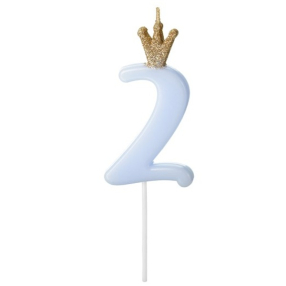 Svíčka narozeninová s korunkou číslo 2, světle modrá, 9,5 cm