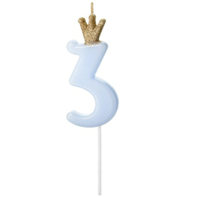 Svíčka narozeninová s korunkou číslo 3, světle modrá, 9,5 cm