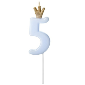 Svíčka narozeninová s korunkou číslo 5, světle modrá, 9,5 cm